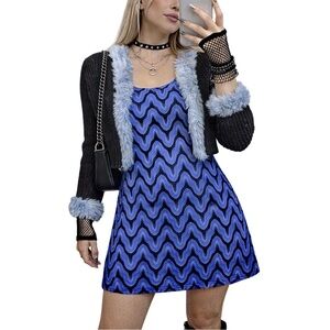90’s Vintage Connected Blue Lace Mini Cocktail Dress, Retro Wave Pattern, Size 8